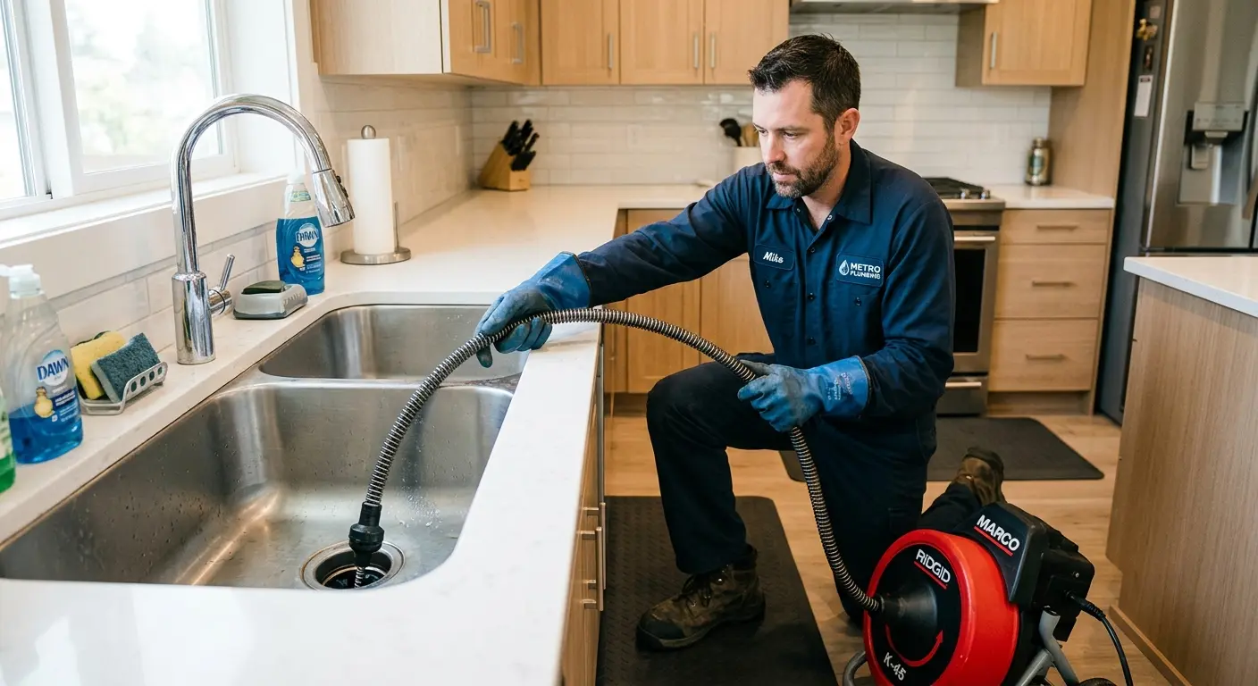 Drain cleaning technician using a motorized snake on a kitchen sink in Moses Lake