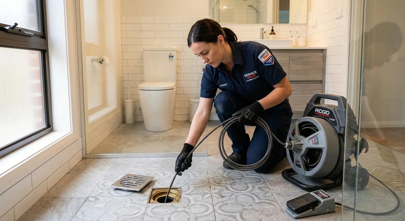 Technician clearing a bathroom floor drain for Sewer Line Installation in Moses Lake